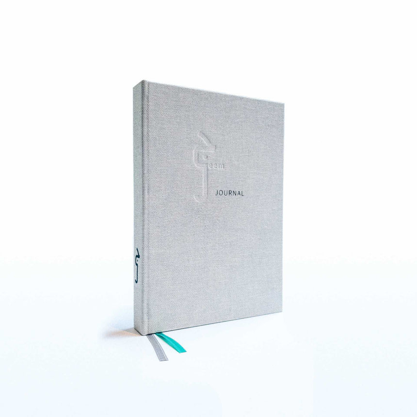 Jeem Journal standing upright - a sleek, silver fabric cover and two bookmark ribbons (one green and one silver)